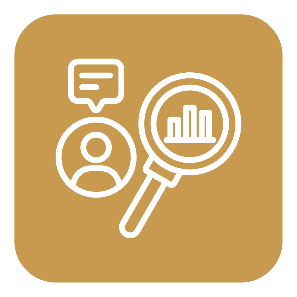 Icon of a magnifying glass with a bar chart inside, a speech bubble with lines, and a person silhouette, on a gold background.