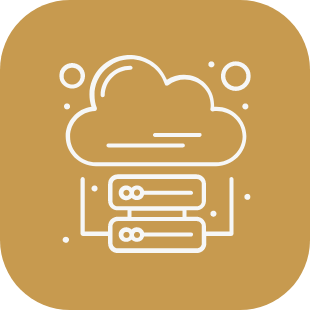 Cloud computing icon with cloud and two server racks on a gold background.