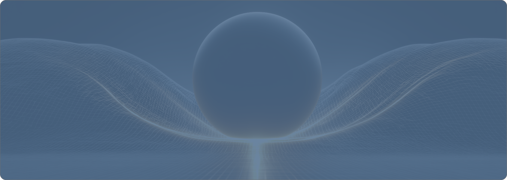 Digital artwork showing a glowing sphere positioned between two flowing, wireframe-like hills against a gradient blue background.