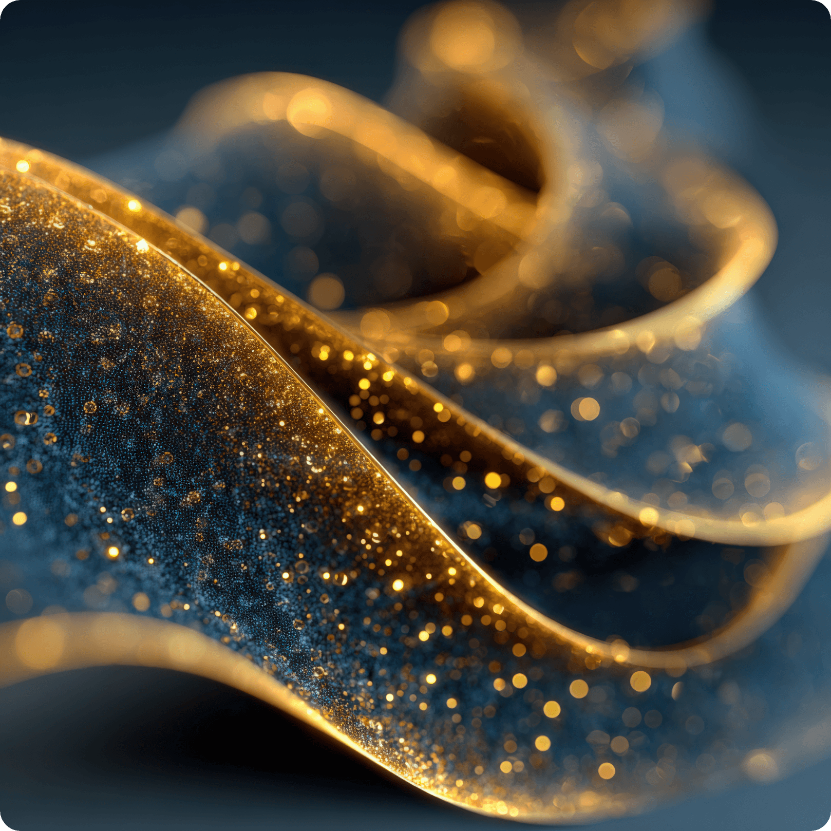 Close-up of a decorative item with black and gold glitter, featuring a shiny gold curl and blue background.