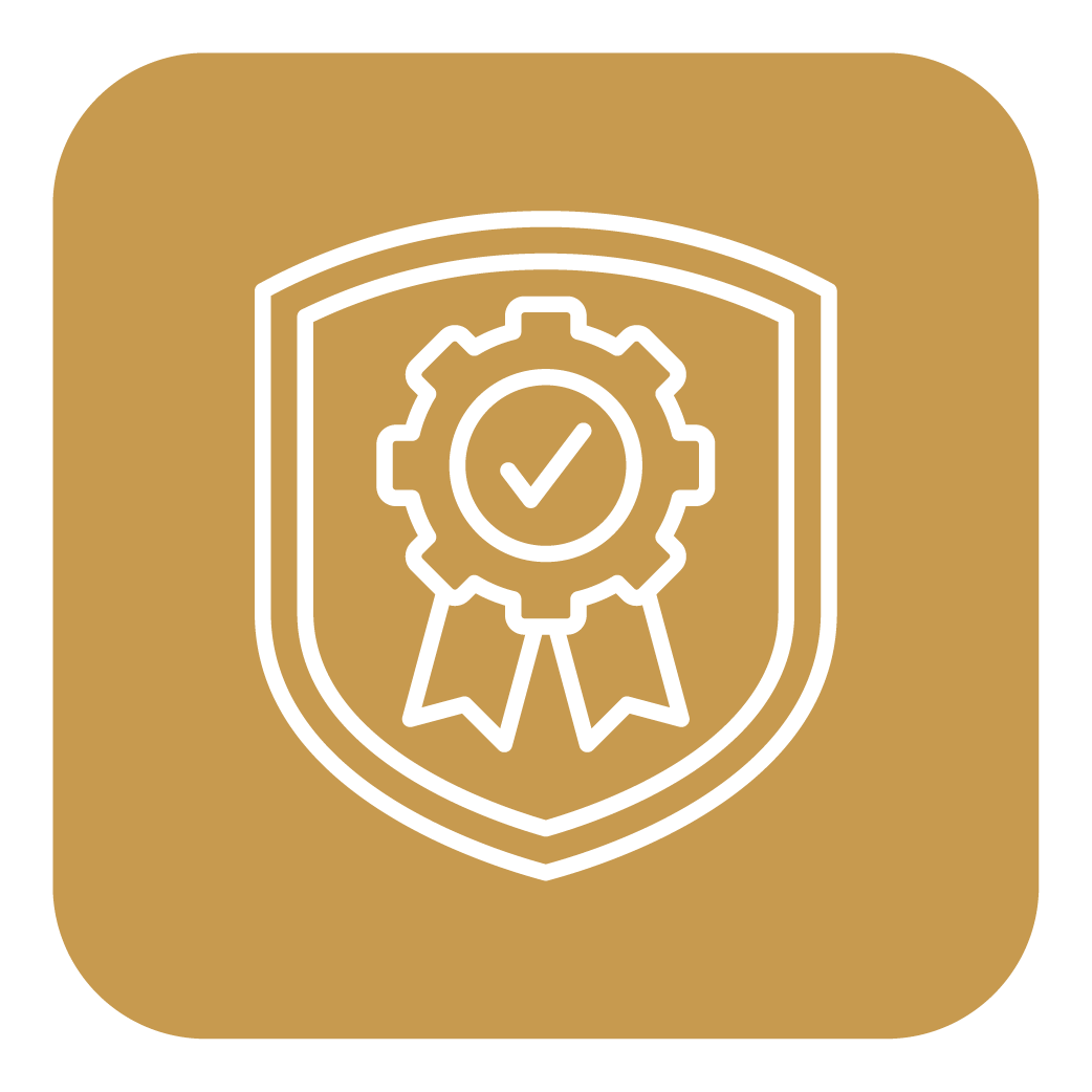 Icon with a shield, gear, check mark, and ribbon indicating certification or quality assurance.