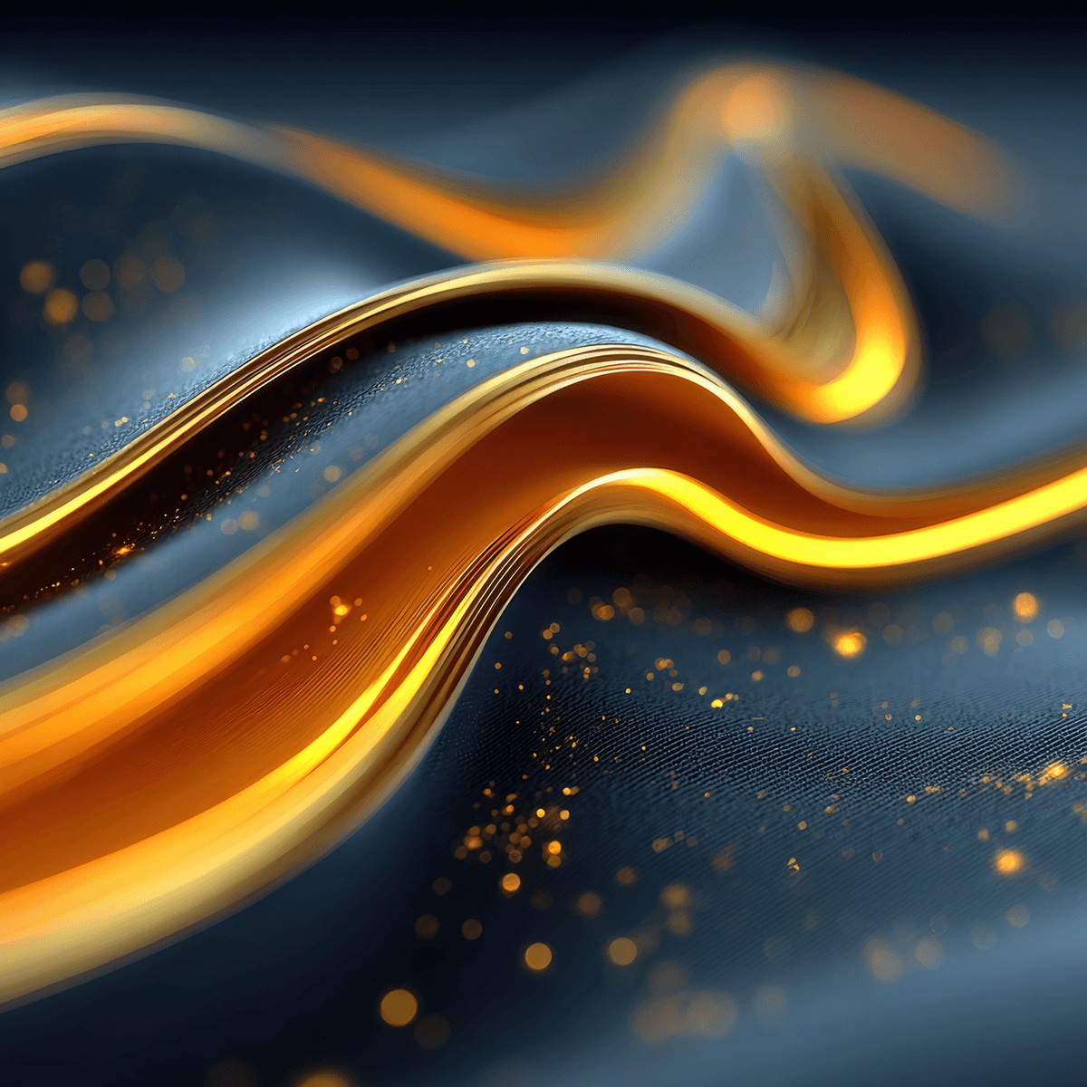 Abstract close-up of flowing golden metallic ribbons on dark textured background with sparkling gold particles