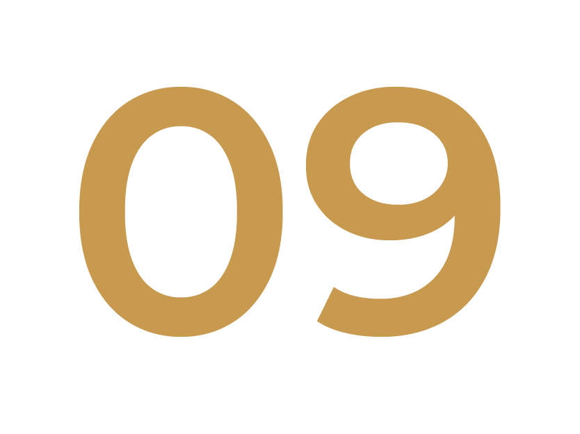 Large gold number '09' on a black background.