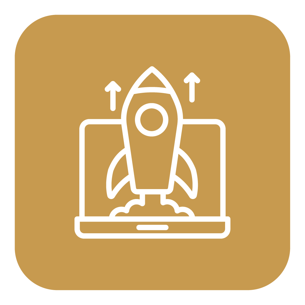 Icon of a rocket launching from a laptop screen, with arrows indicating upward movement.