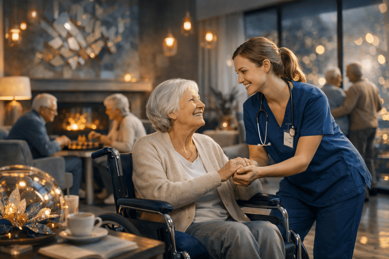Nurse smiling and holding elderly woman's hand in a care home or hospital lounge, with other elderly people in the background.
