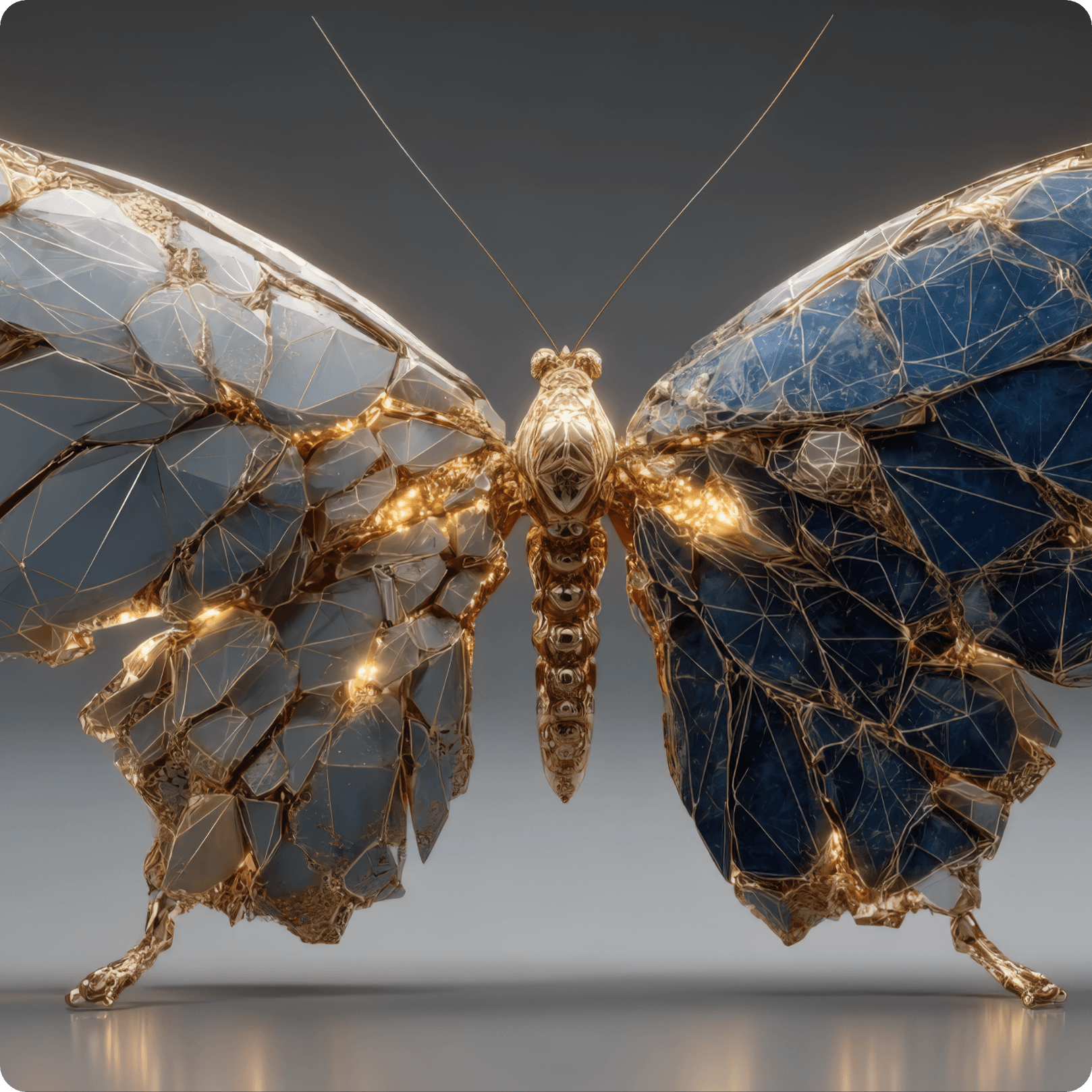 A digital art image of a butterfly with metallic, reflective textures on its wings and body, with a dark background.