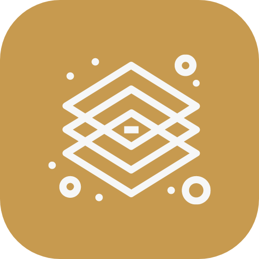 A minimalist icon of a geometric, layered cube design with circles surrounding it on a brown background.