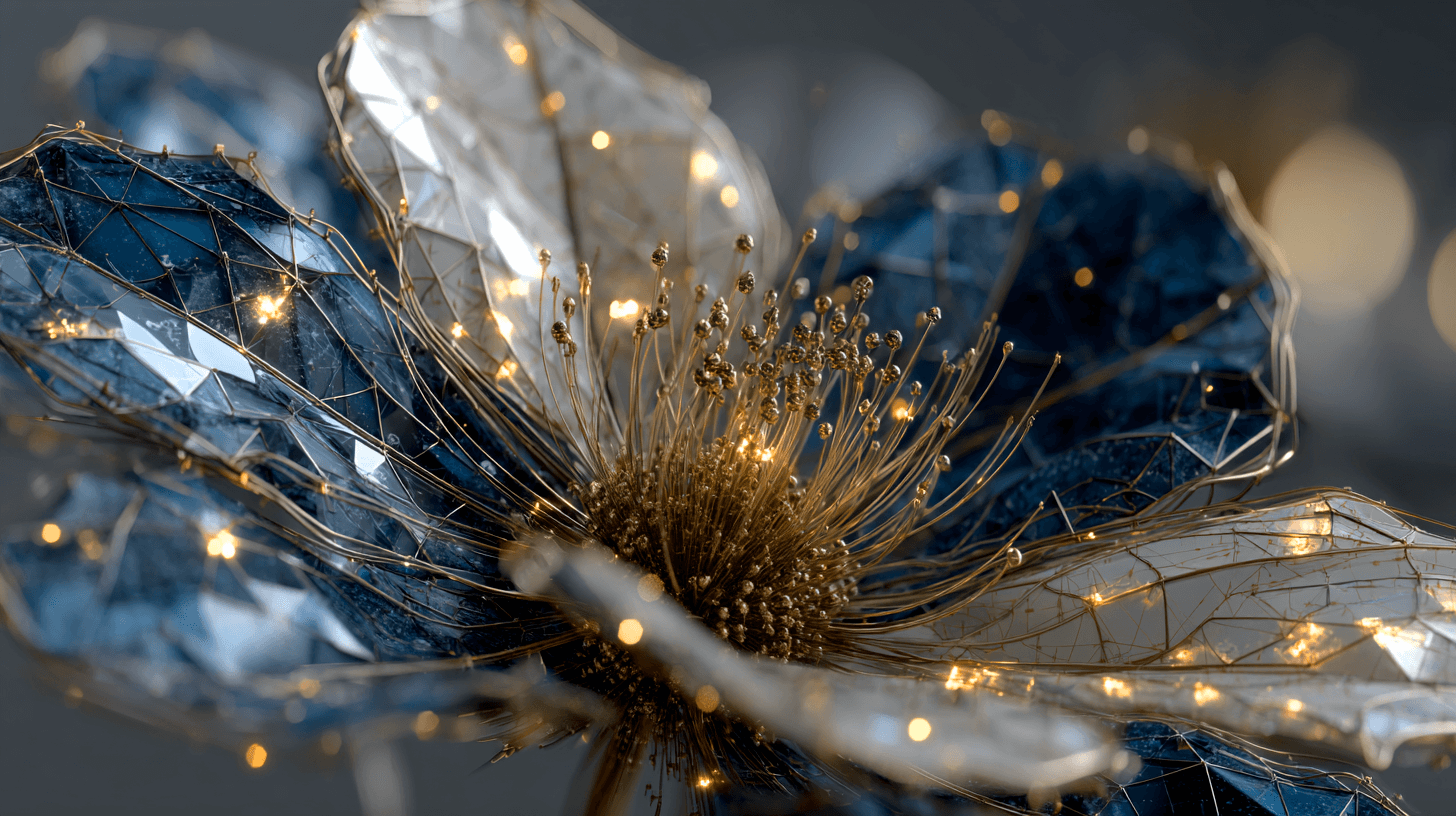 A close-up of a decorative flower with metallic blue and silver petals and gold accents, illuminated by small warm lights.