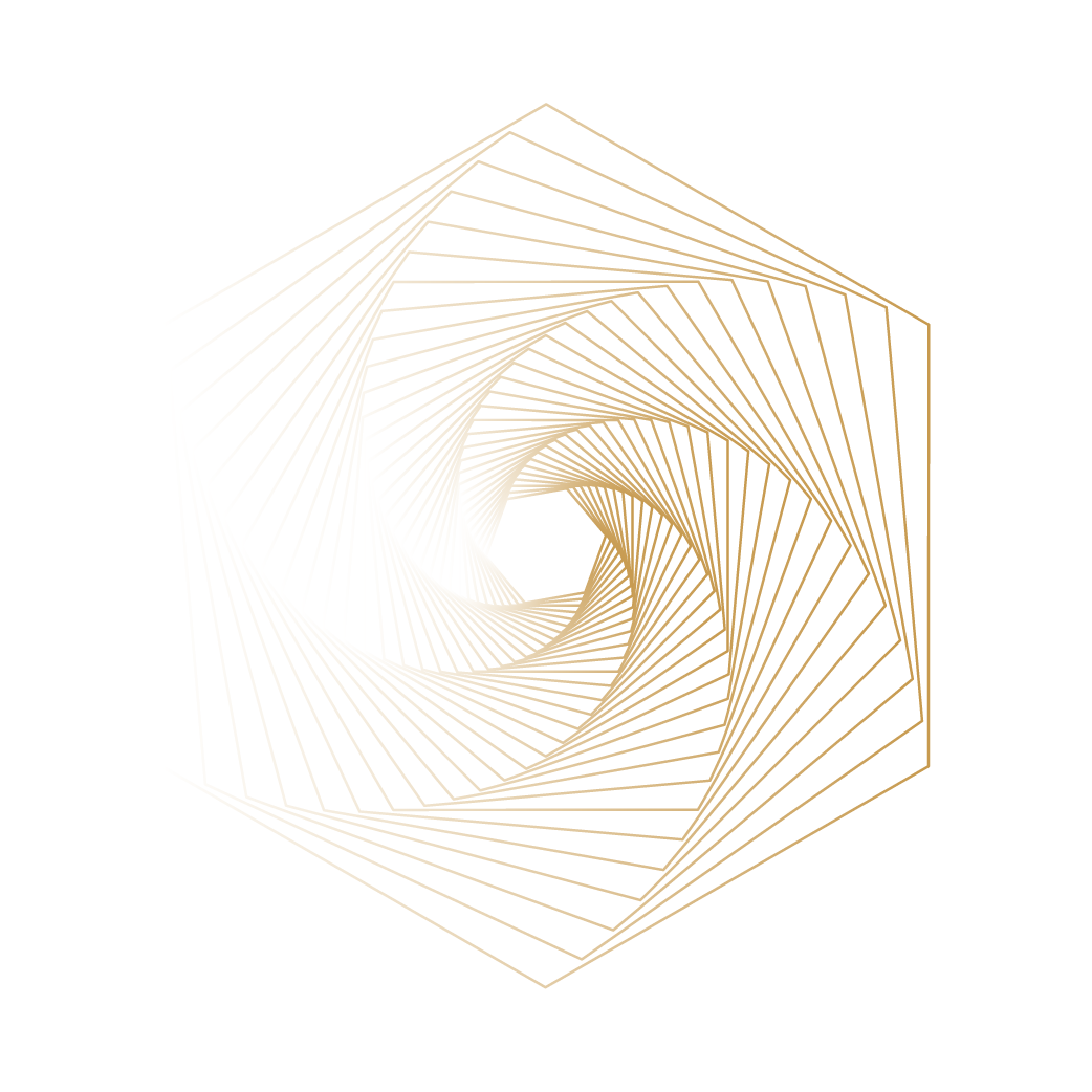 A geometric digital art piece featuring a spiral pattern created by interconnected lines forming a tunnel-like shape against a black background.