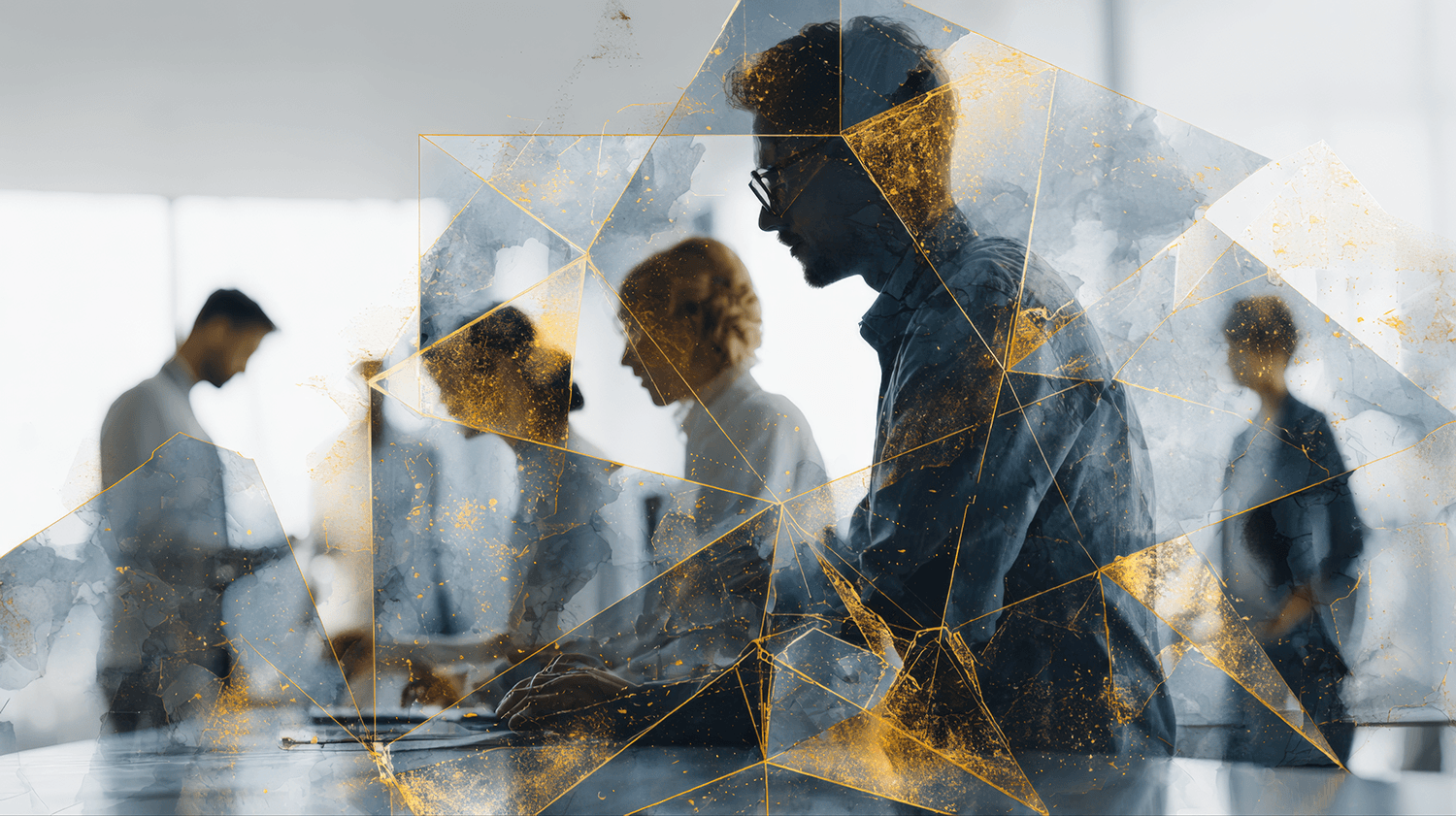 Silhouettes of five professionals working at a table in a modern office, with a digital overlay of geometric lines and gold accents.