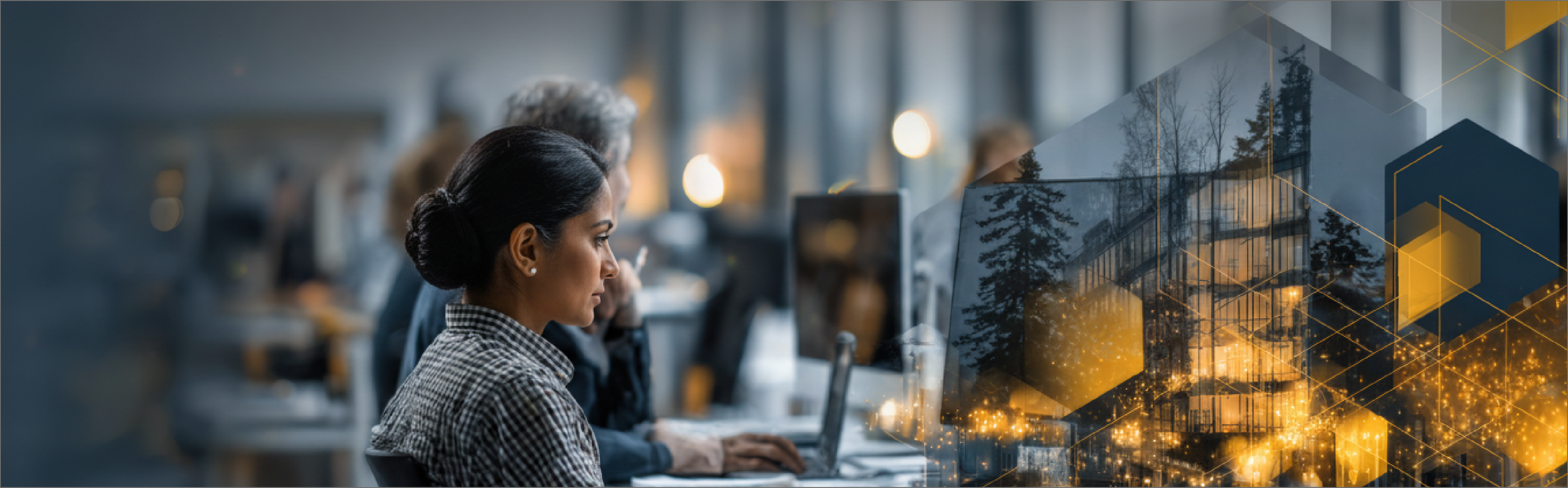 A woman working on a computer in a modern office with digital overlays of trees and city lights.