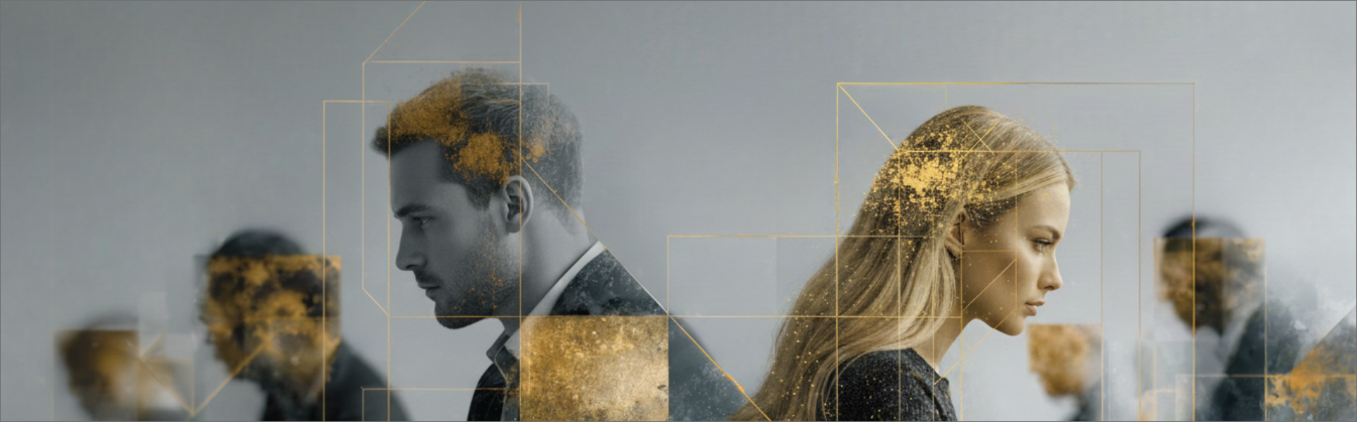A collage of four individuals with their profiles facing away from each other, with digital geometric overlays and gold-colored particles, suggesting themes of technology and connection.