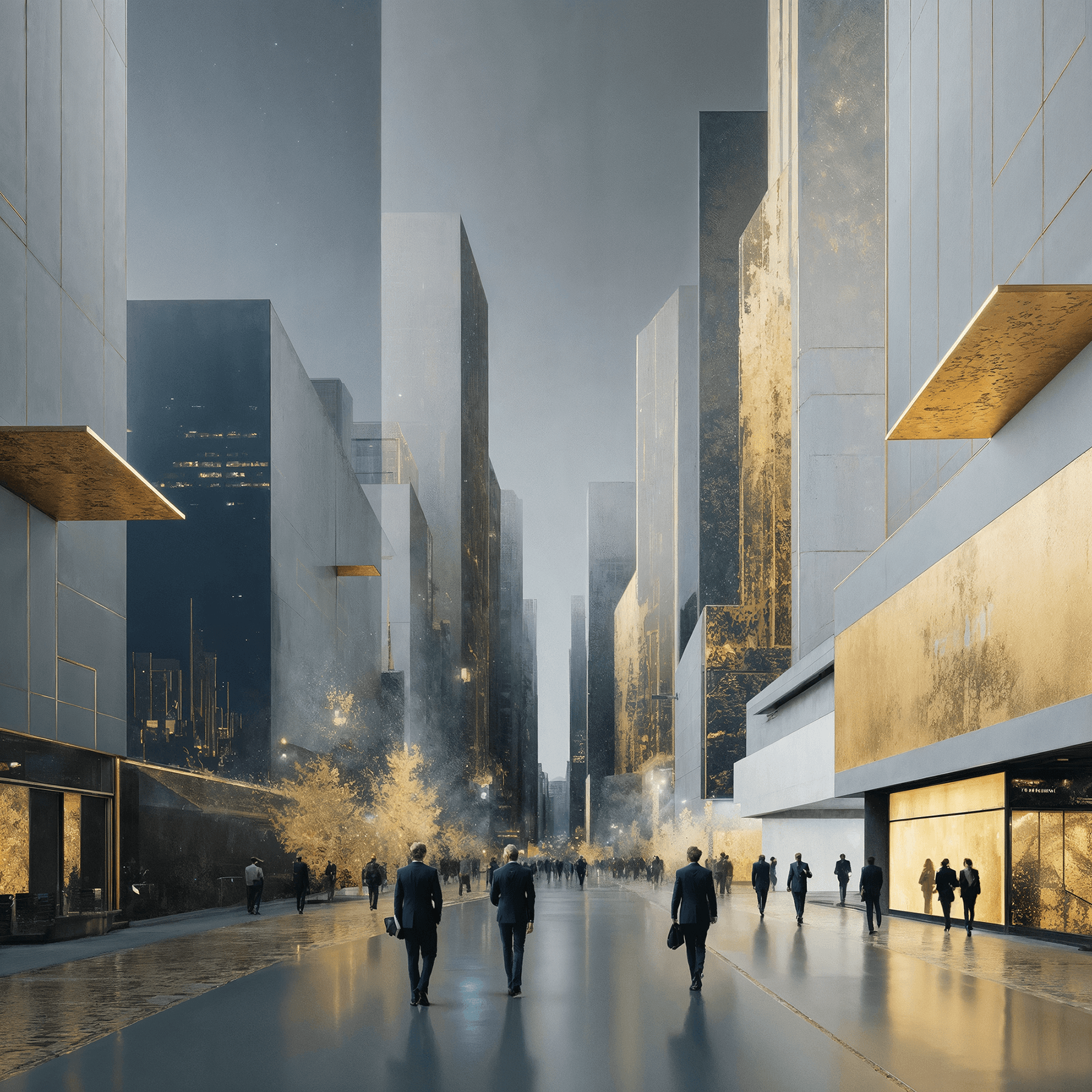Futuristic city street with large modern buildings featuring gold accents, with pedestrians walking and trees lining the sidewalk at dusk.