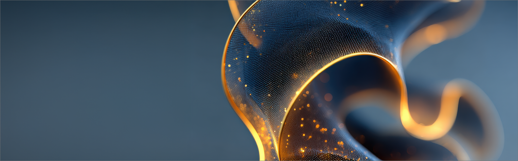 Close-up of a coiled metallic tube with illuminated edges and glowing particles, creating an abstract futuristic appearance.