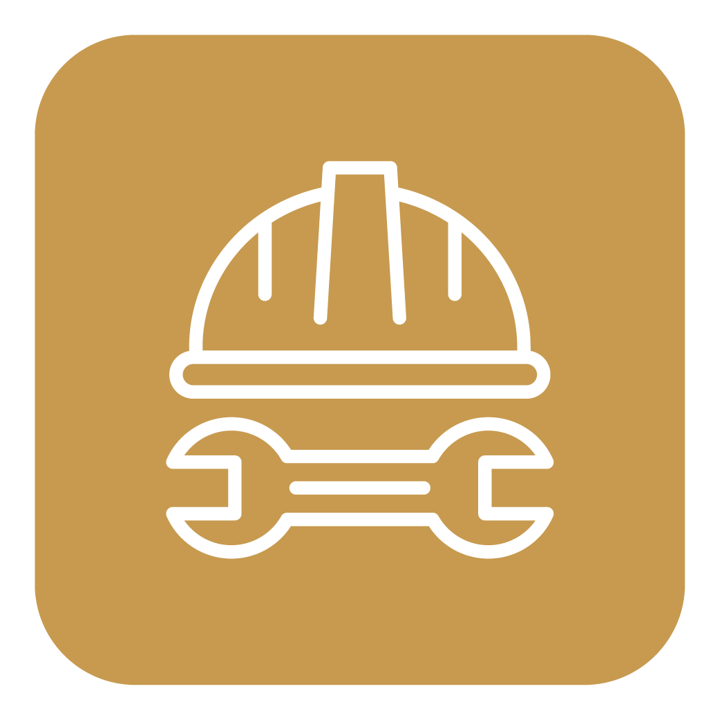 Icon of a construction helmet above a wrench on a tan background.