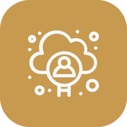 Icon of a person inside a circle with a cloud and small dots around it, on a gold background.