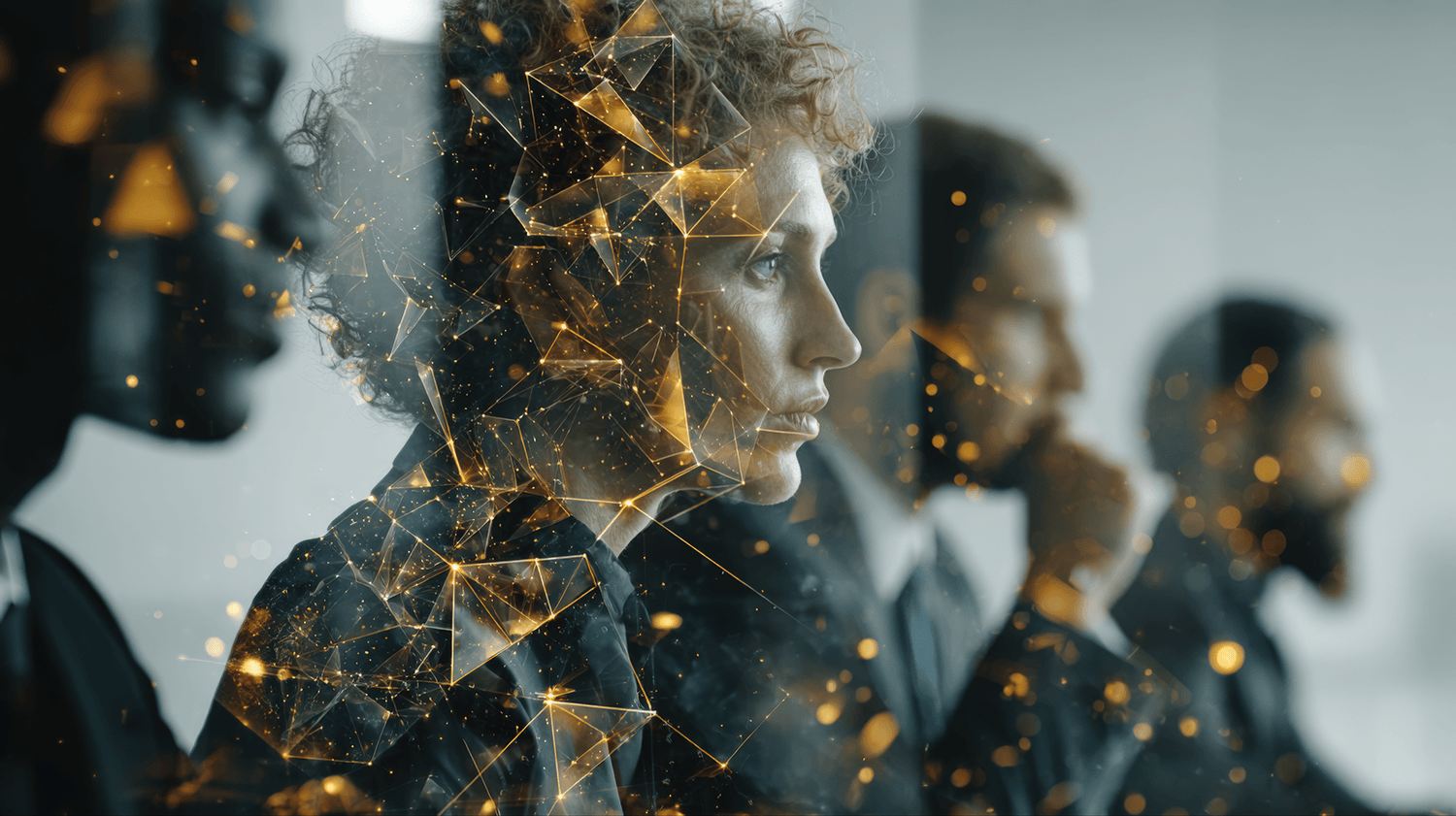 Four diverse business professionals in formal attire, with a digital overlay of interconnected lines and points, in a modern office setting.