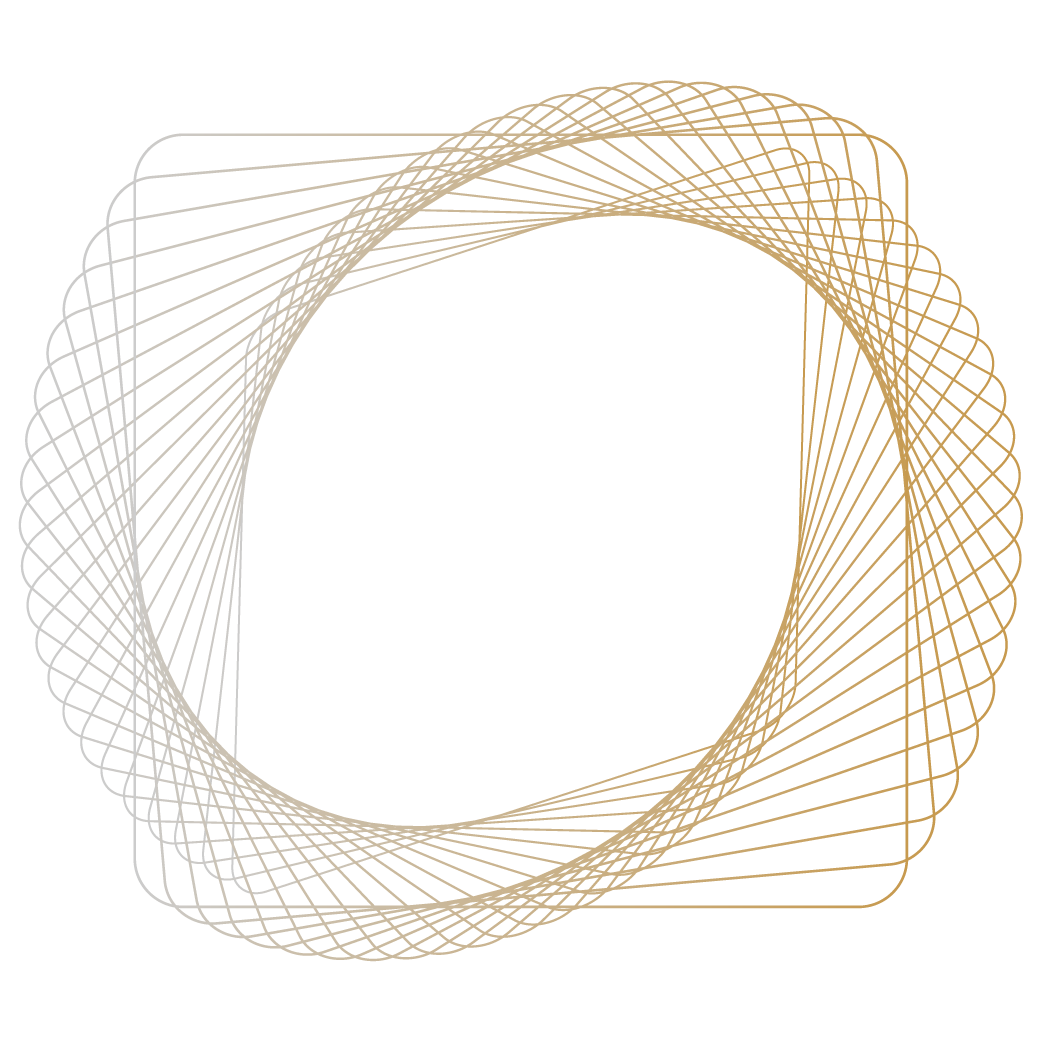 Abstract geometric design with interwoven lines forming a circular pattern on a black background.