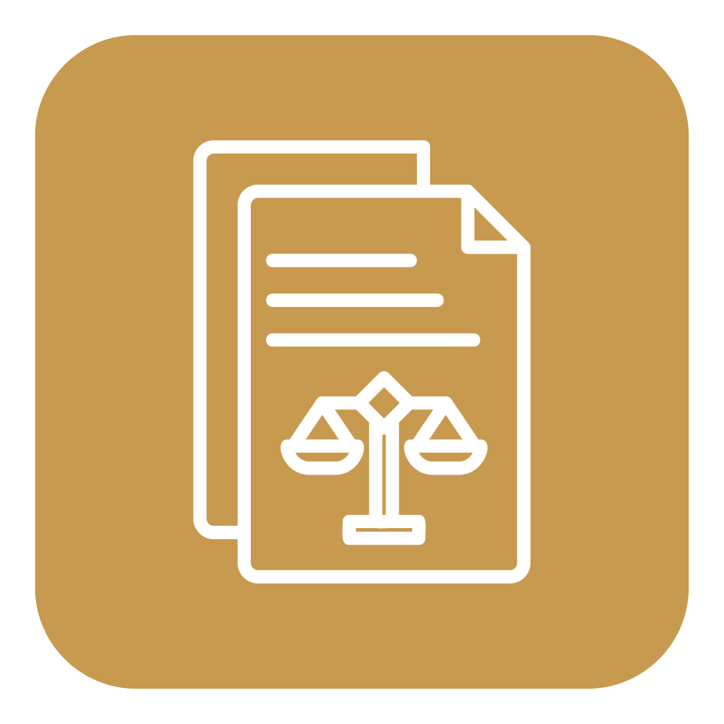Icon of legal documents with a scale of justice symbol.