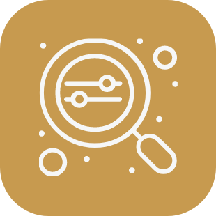 Magnifying glass over an electronic circuit or data sliders, with small circles around, on a brown background.