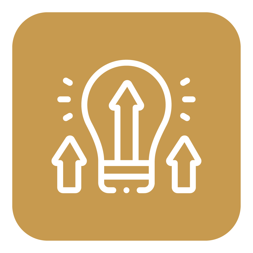 Icon of a light bulb with upward arrows inside and around, on a gold background.