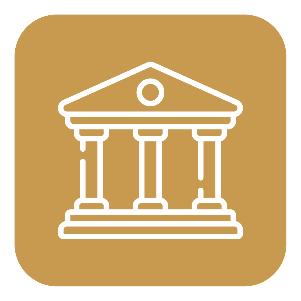 Outline of a classical Greek temple with columns on a brown background.