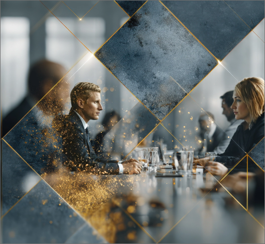 Business meeting with men and women sitting at a conference table in a modern office, with a decorative overlay of geometric shapes and gold accents.