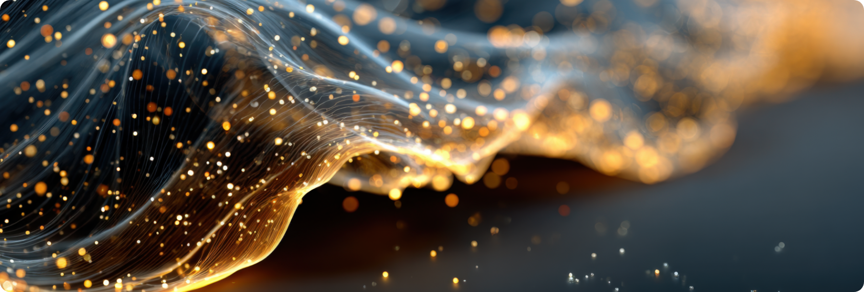 Abstract digital artwork featuring swirling lines and glowing particles in shades of gold and blue.