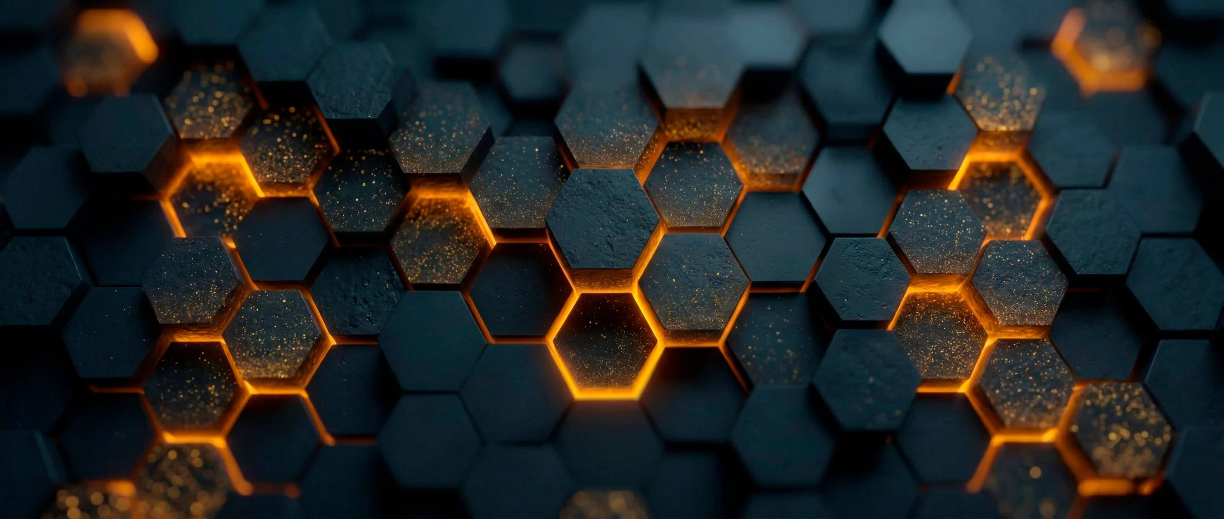 Black hexagonal tiles with orange glowing edges and gold specks scattered across the surface.