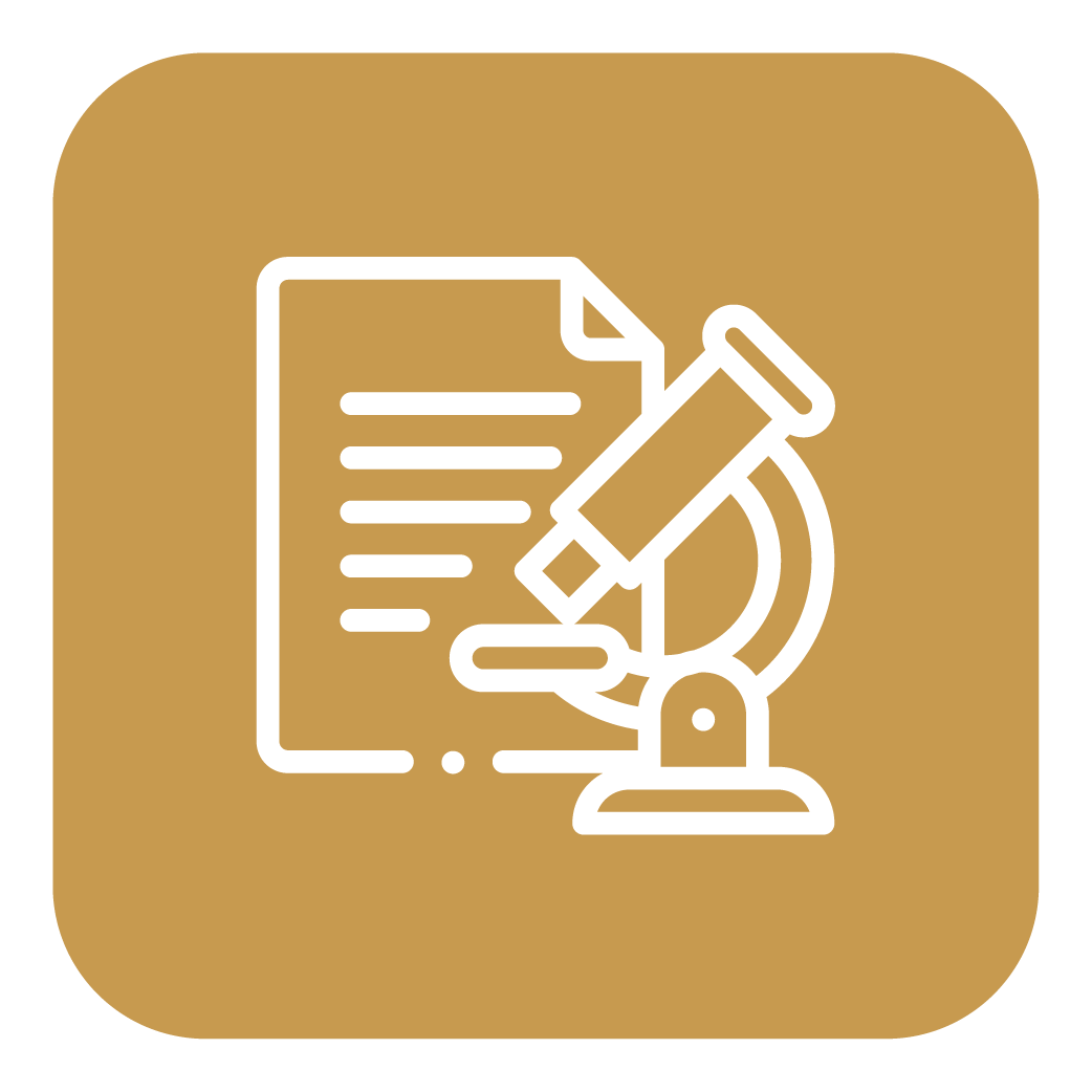 Icon of a microscope, document, and pen, symbolizing scientific research or laboratory work.