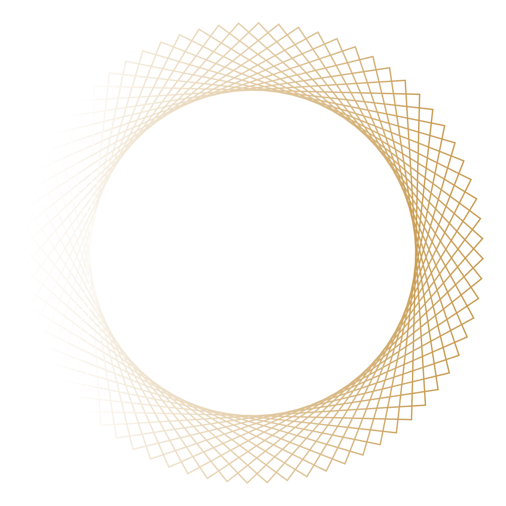 A geometric circle design made of overlapping gold and white lines on a black background.