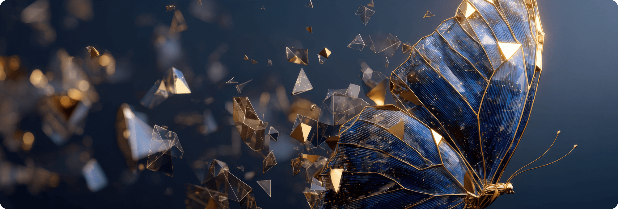A close-up of a metallic butterfly sculpture with reflective, gold and blue surfaces, appearing to disintegrate into small, geometric shards in a digital art style.