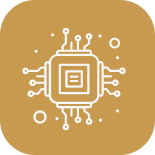 Icon of a microchip or circuit board on a brown background.
