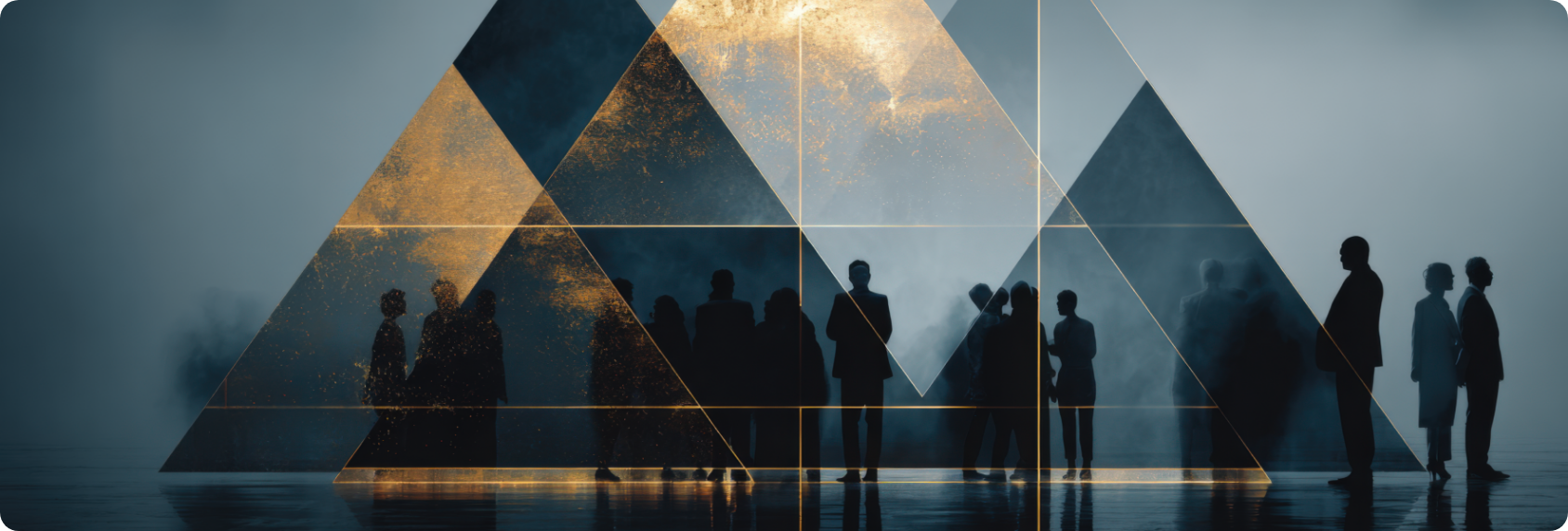 Silhouettes of people standing and walking in front of large illuminated geometric sculptures in a foggy setting.