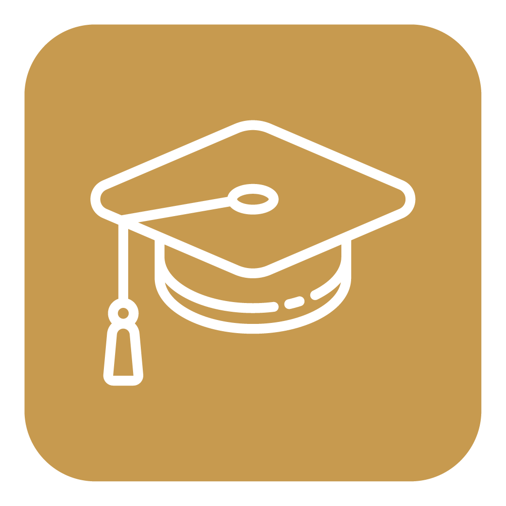 Icon of a graduation cap outline on a gold background.
