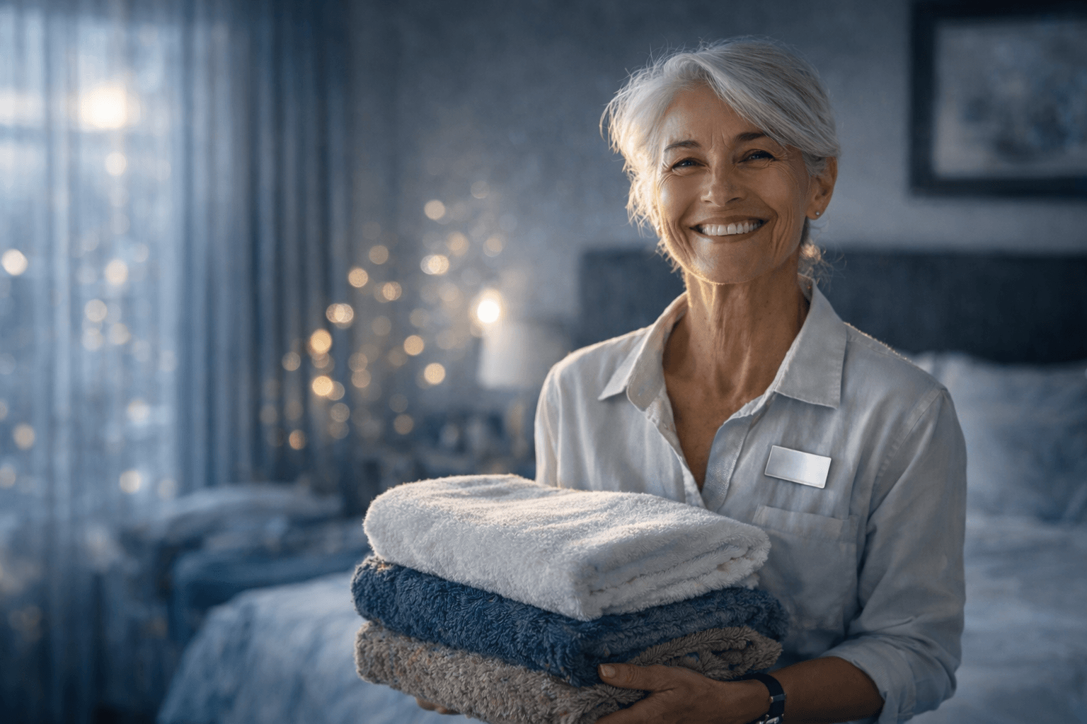 A smiling elderly woman with white hair, wearing a white shirt, holding a stack of folded towels in a warmly lit bedroom.