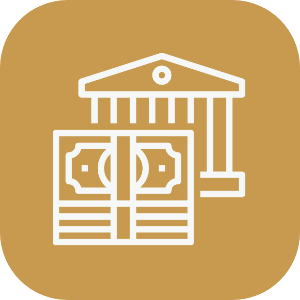 Icon of a house with a swing and a basketball court on a tan background.