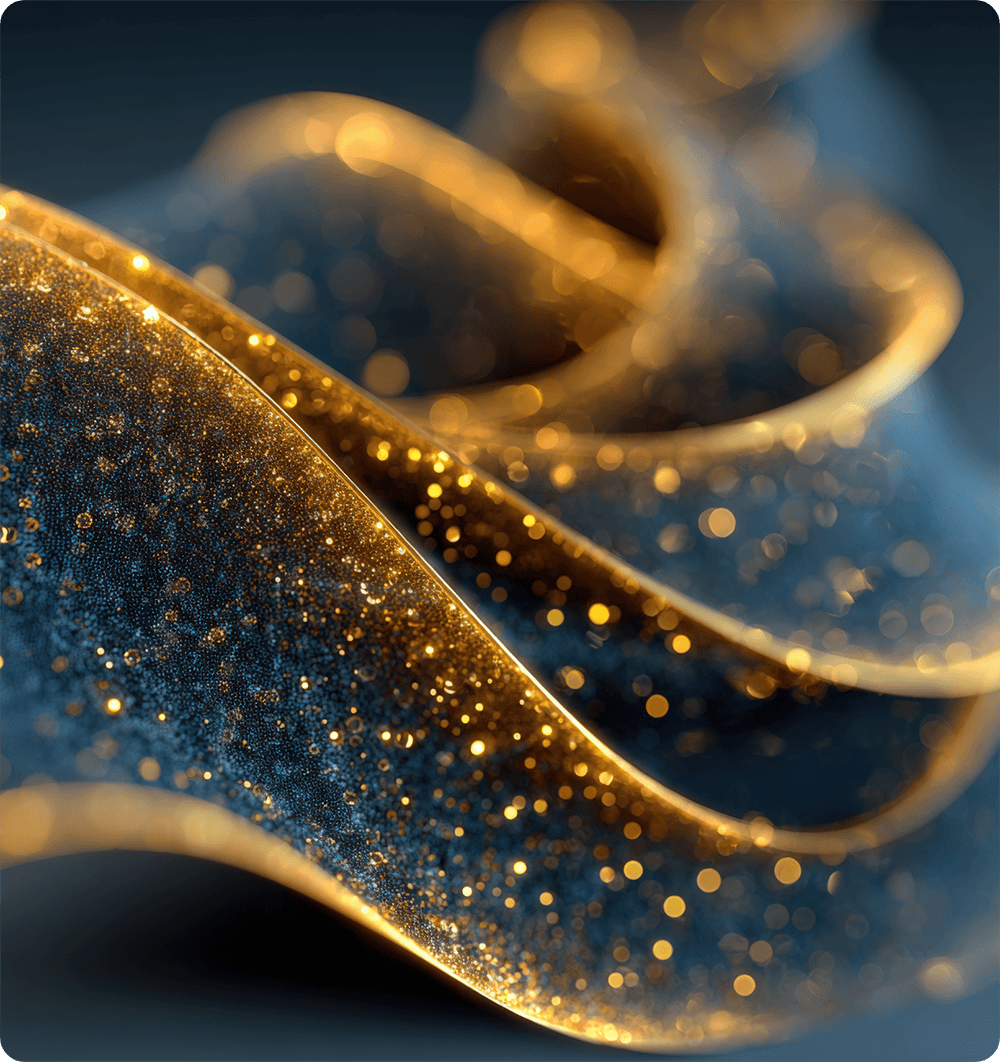 Close-up of a gold glittery ribbon with a blue background, showing the sparkle and shine of the glitter.
