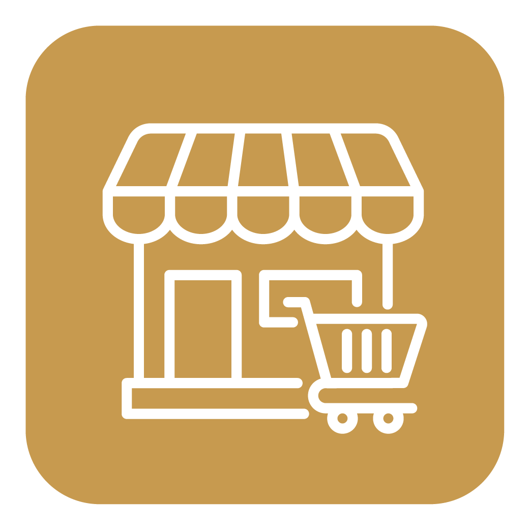 Icon of a small store or shop with a shopping cart in front.