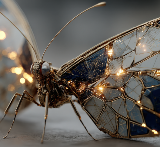 Close-up of a decorative butterfly made of reflective and metallic materials, featuring intricate geometric patterns on its wings.