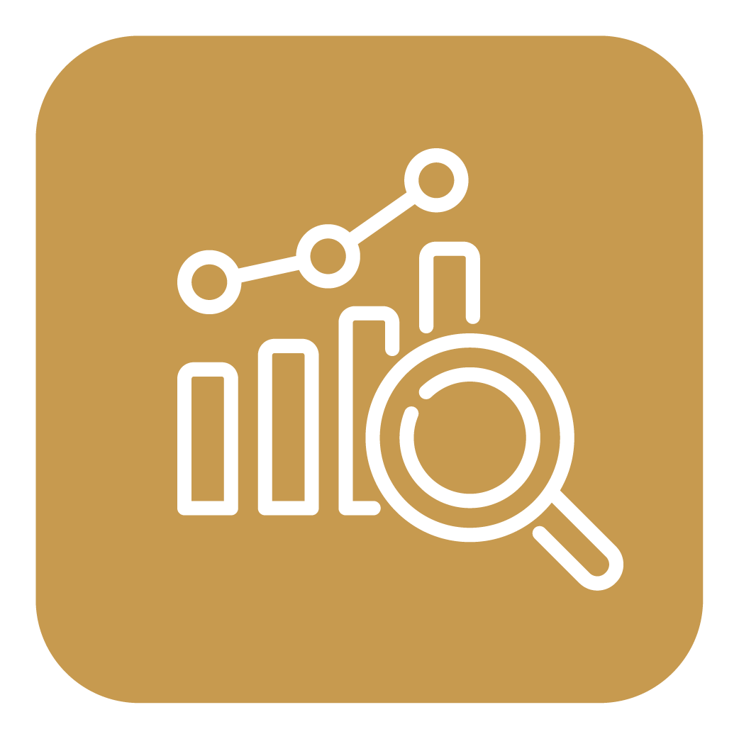 Icon of a bar chart with a line graph and magnifying glass symbol, representing data analysis or statistics.