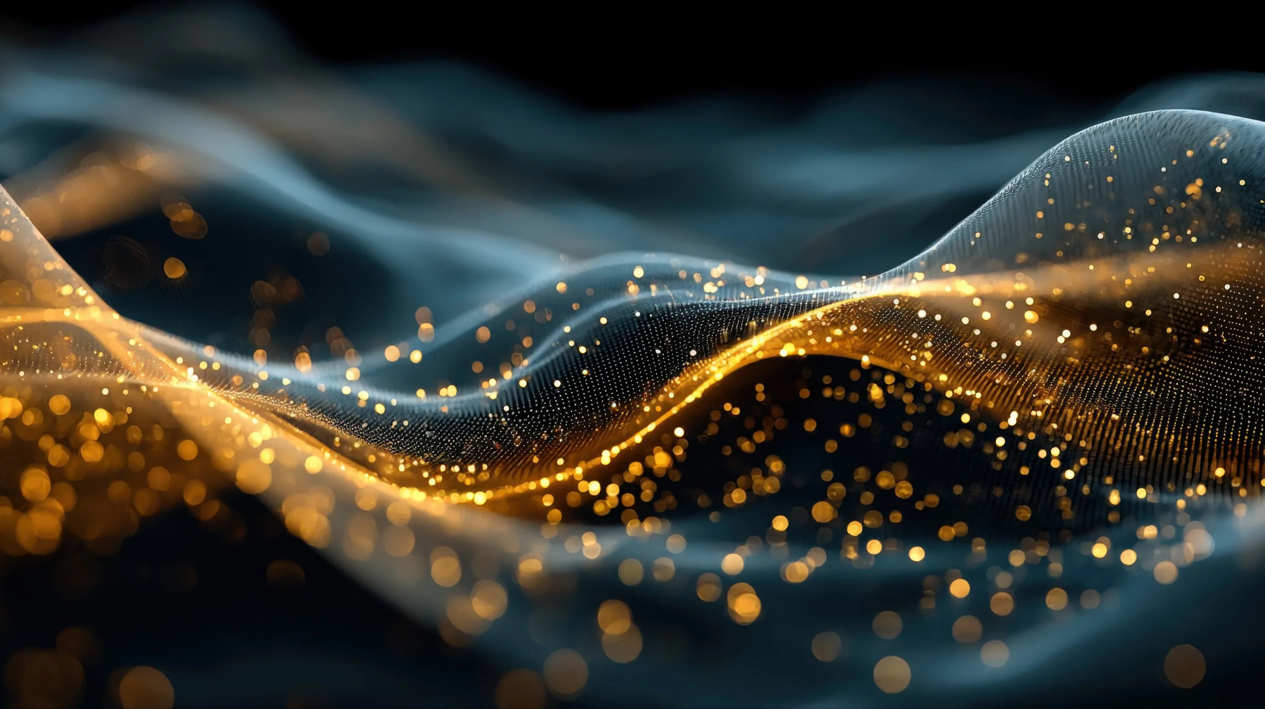 Abstract digital wave with blue and gold glowing particles and dotted lines.