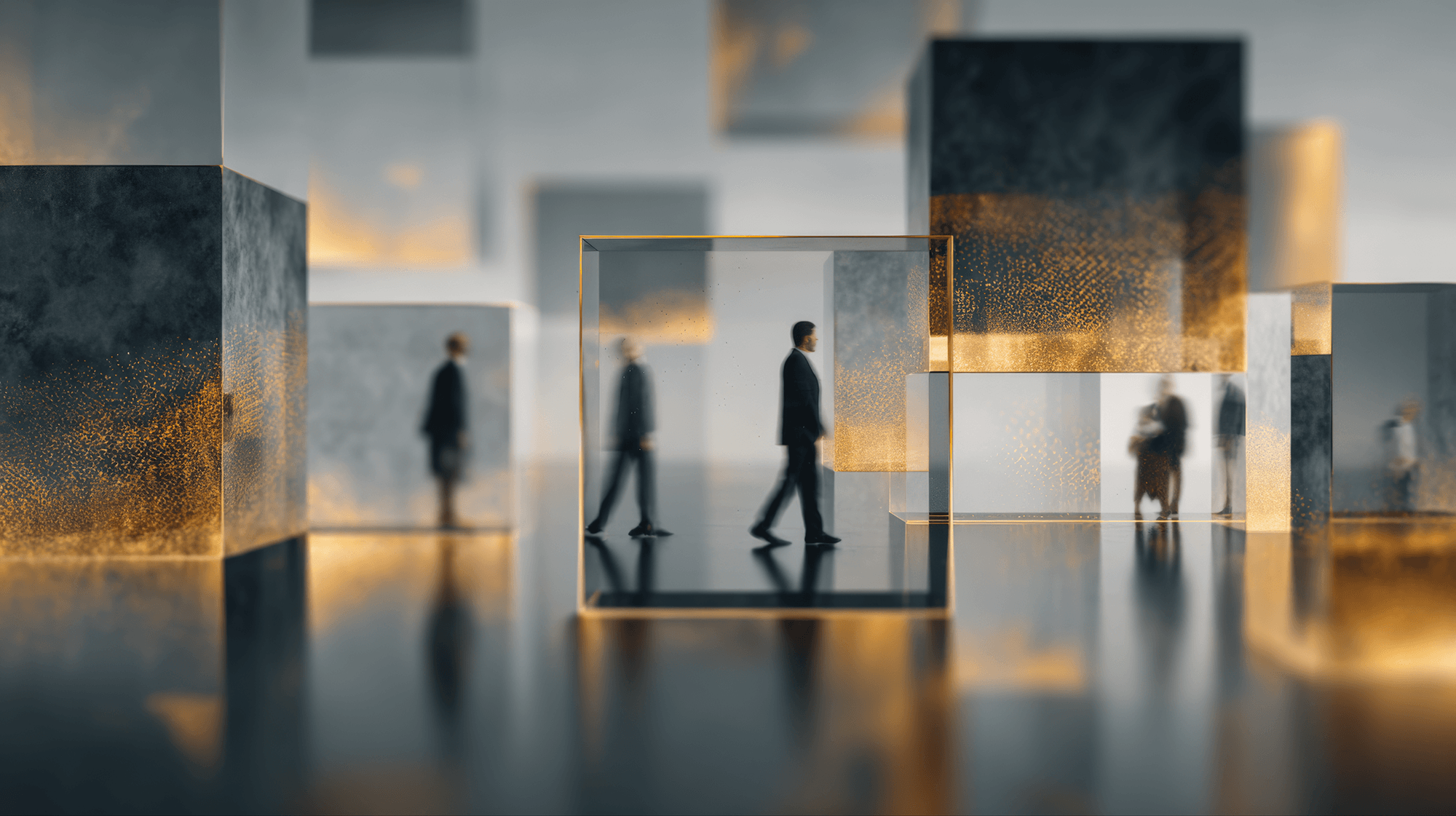 Miniature figures of people walking among geometric metallic and mirrored cubes with gold accents, reflecting each other in an abstract, modern art setting.