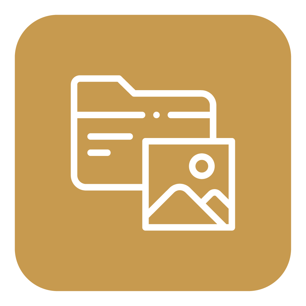 Icon of a folder and a photograph on a gold background.