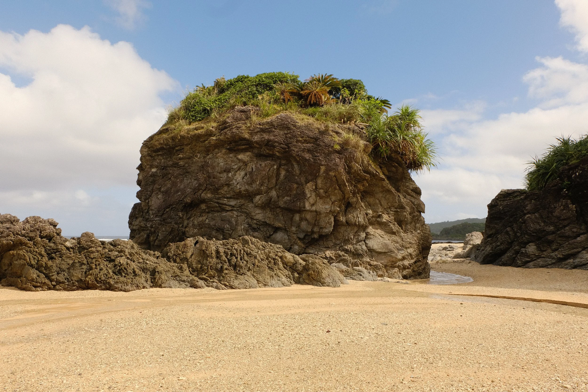 Beach structures with palm trees on top at Oku Beach, North Okinawa, Japan