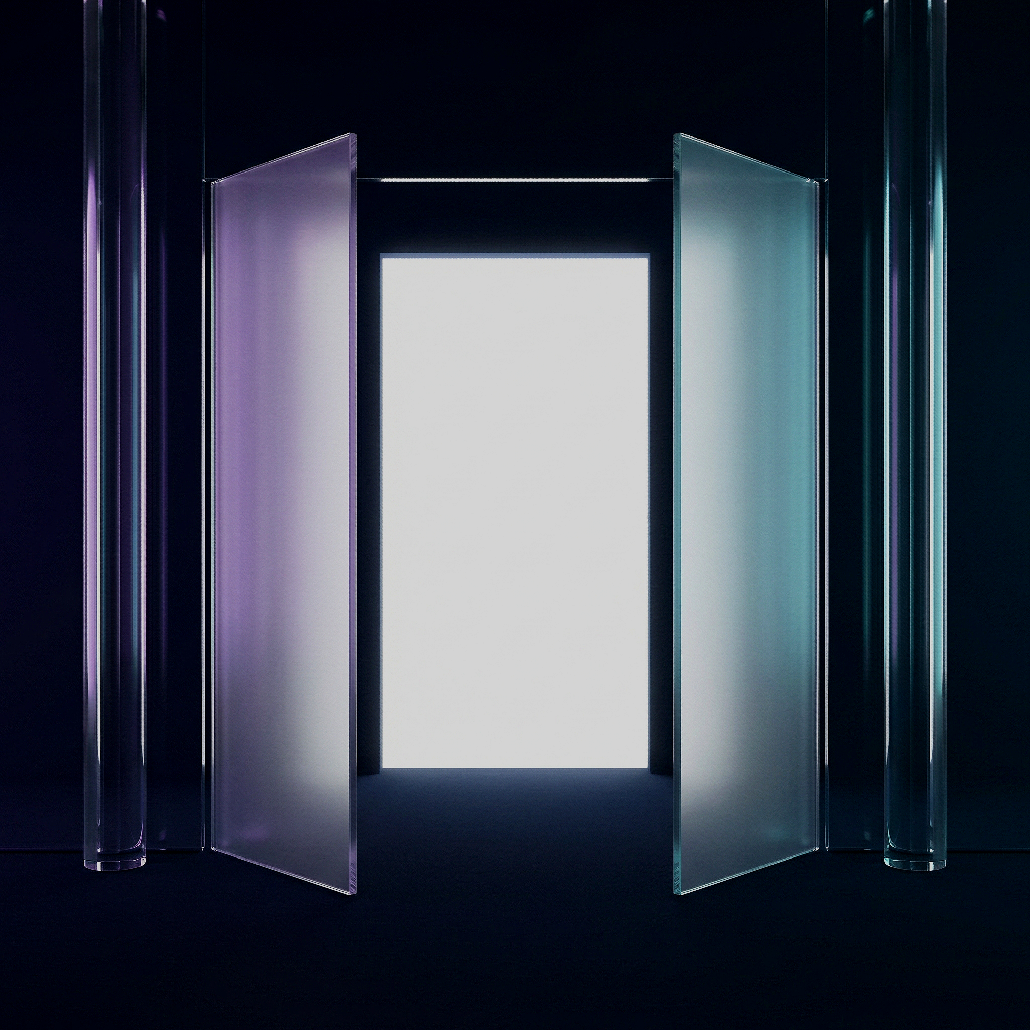 A set of transparent glass doors or panels with metal frames, illuminated with purple and cyan lighting, leading to a bright white rectangular space in the center.