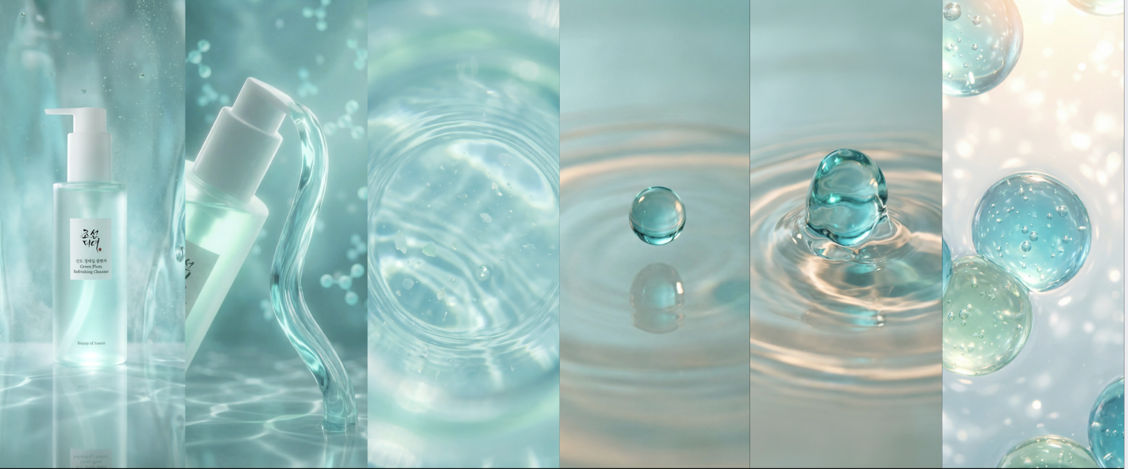 A series of six panels showing close-up images of water and bubbles, with a skincare product bottle in the first panel.