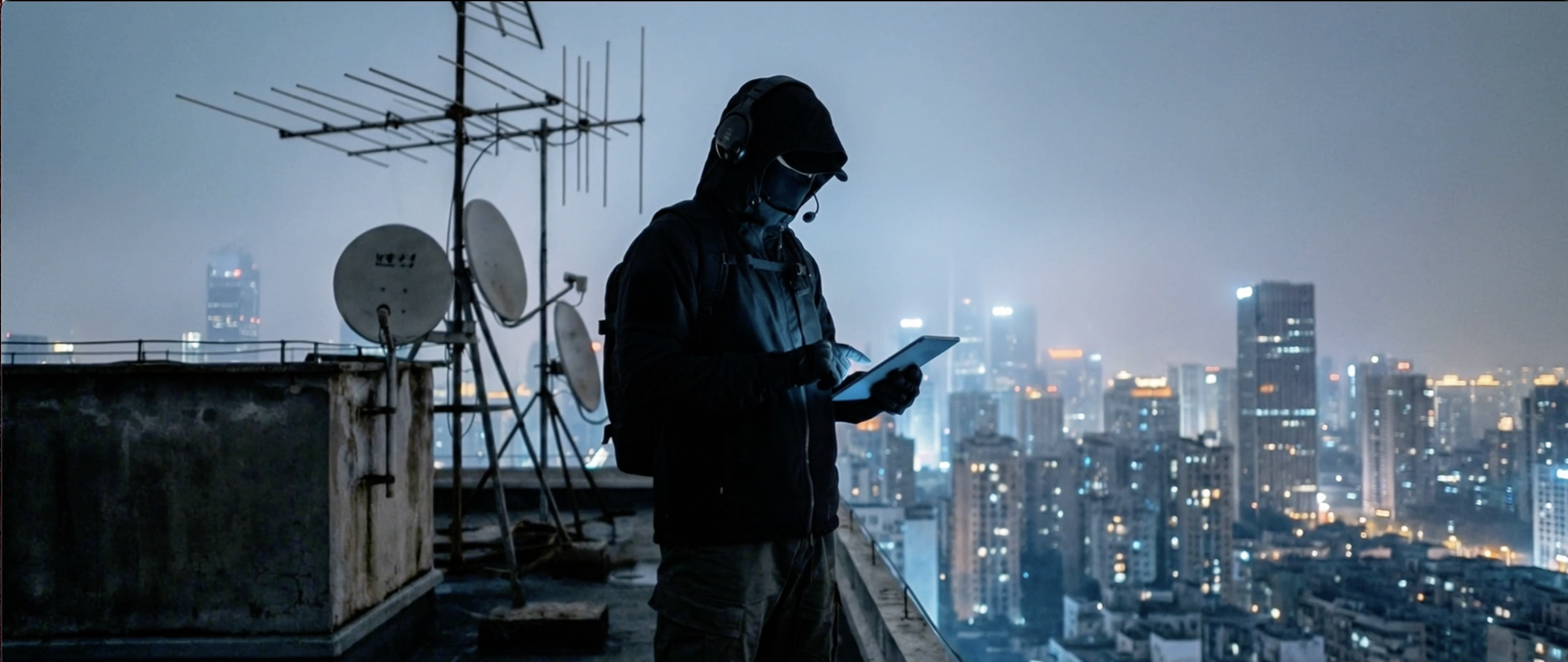 A person wearing a hoodie, sunglasses, headphones, and face mask standing on a rooftop at night, looking at a tablet with city skyline in the background.