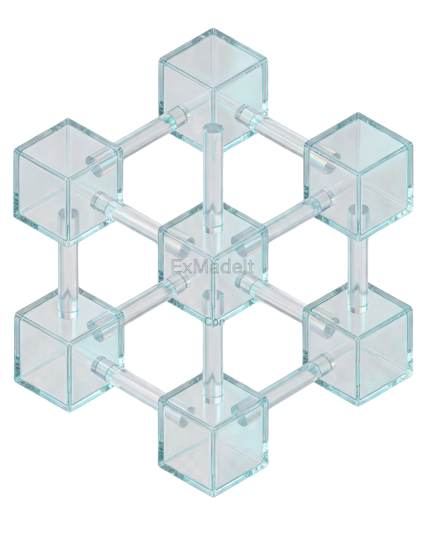 A transparent, plastic molecular model structure with interconnected cubes and rods.