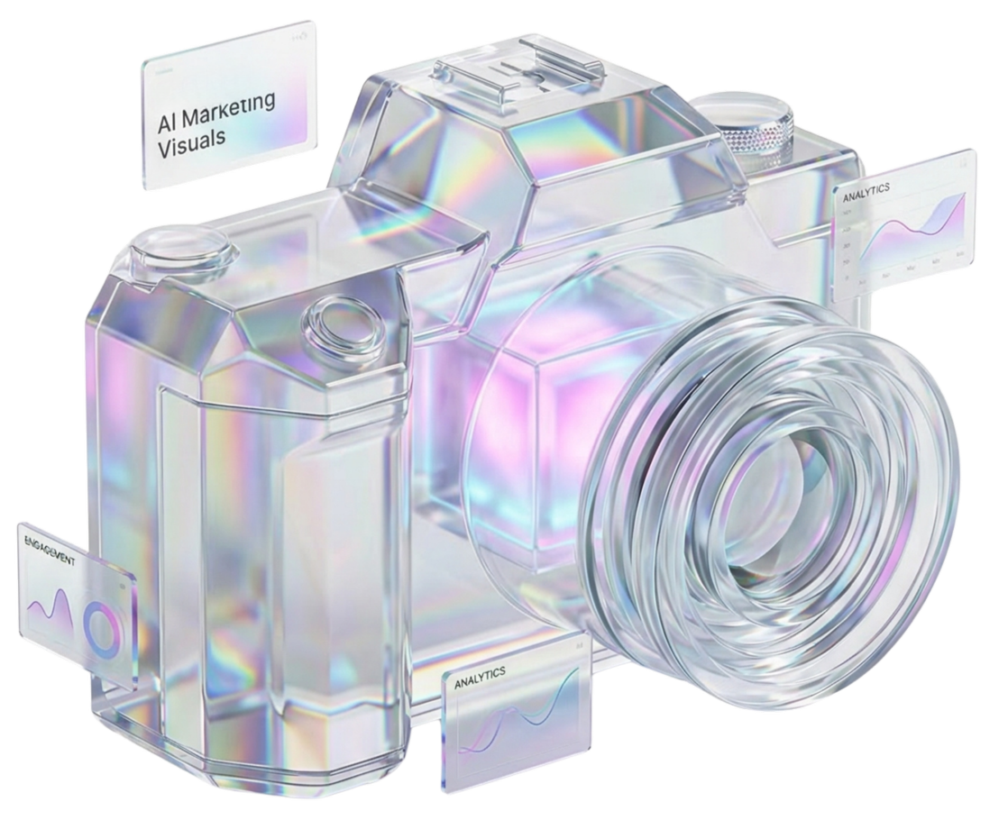 A 3D rendering of a transparent camera with holographic screens displaying analytics and AI marketing visuals.